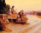 鲁道夫恩斯特 - Elegant Arab Ladies on a Terrace at Sunset